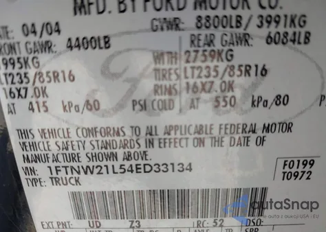 2004 Ford F-250 Lariat/Xl/Xlt from USA, damaged, VIN 1FTNW21L54ED33134